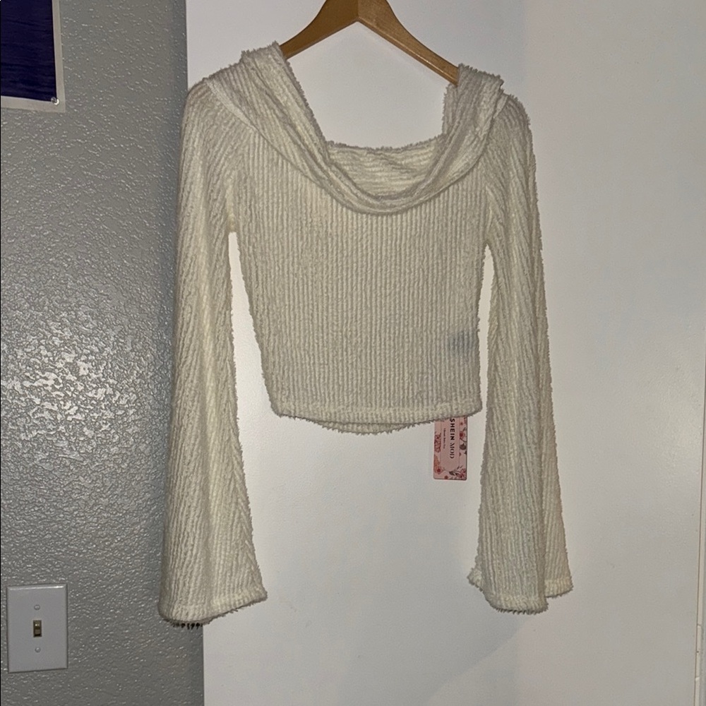 NWT SHEIN Cream Ribbed Knit Sweater with Bell Sleeves (off the shoulder)
